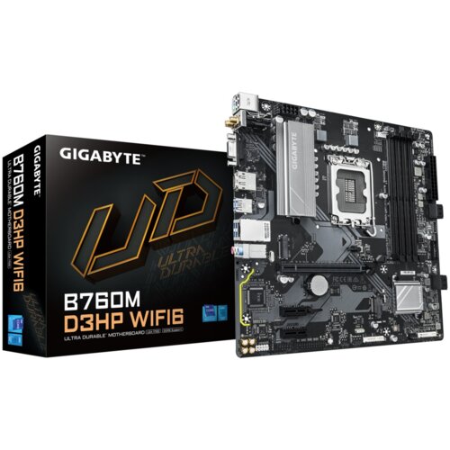 Na zdjęciu widoczna jest płyta główna oraz opakowanie z napisem "GIGABYTE B760M D3HP WiFi6 ULTRA DURABLE MOTHERBOARD". Płyta główna ma różne złącza i komponenty elektroniczne, a na opakowaniu znajduje się duże logo "UD".