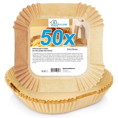 Kwadratowe foremki do pieczenia z papieru, z etykietą zawierającą logo "EXTRALINK Home" oraz napis "50x" i "16x16 cm". Na etykiecie znajduje się również opis produktu oraz kod kreskowy.