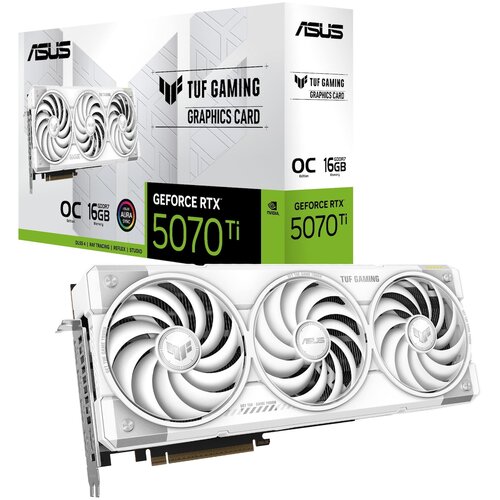 Pudełko karty graficznej z napisem "ASUS TUF Gaming Graphics Card" oraz "GeForce RTX 5070 Ti" w kolorach białym, szarym i zielonym. Przed pudełkiem znajduje się biała karta graficzna z trzema wentylatorami, na której widnieje napis "TUF Gaming".