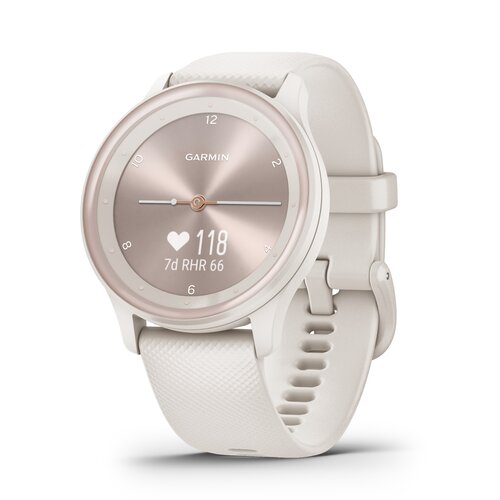 Biały zegarek sportowy z okrągłą tarczą, na której widnieje logo "GARMIN" oraz cyfry od 1 do 12. Na tarczy wyświetlane są dane: ikona serca z liczbą "118" oraz tekst "7d RHR 66".