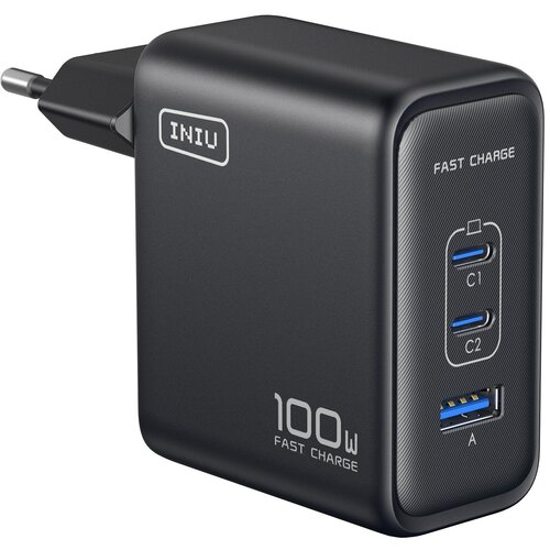Czarna ładowarka sieciowa z logo "INIU" posiada trzy porty: dwa USB-C oznaczone jako "C1" i "C2" oraz jeden USB-A oznaczony jako "A". Na obudowie widnieje napis "100W FAST CHARGE" oraz "FAST CHARGE" obok portów.