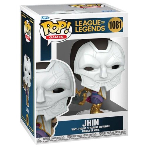 Pudełko z figurką winylową przedstawiającą postać Jhin z gry League of Legends, z dużym napisem "POP! GAMES" oraz numerem 1081. Na dole opakowania widnieje napis "JHIN VINYL FIGURE / FIGURINE EN VINYLE / FIGURA DE VINIL" oraz ostrzeżenie o ryzyku zadławienia w kilku językach.