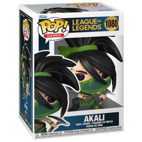 Pudełko z figurką przedstawia postać z gry "League of Legends" o nazwie Akali, z dużymi oczami i charakterystycznym zielonym strojem. Na opakowaniu widnieje napis "Funko Pop! Games" oraz numer 1080.