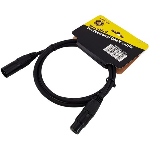 Czarny kabel z wtykami XLR męskim i żeńskim, zapakowany w karton z żółtym nadrukiem. Na opakowaniu widnieje napis: "BlackBird Professional DMX cable" oraz kod kreskowy z oznaczeniem "DMX015E 1.5m".
