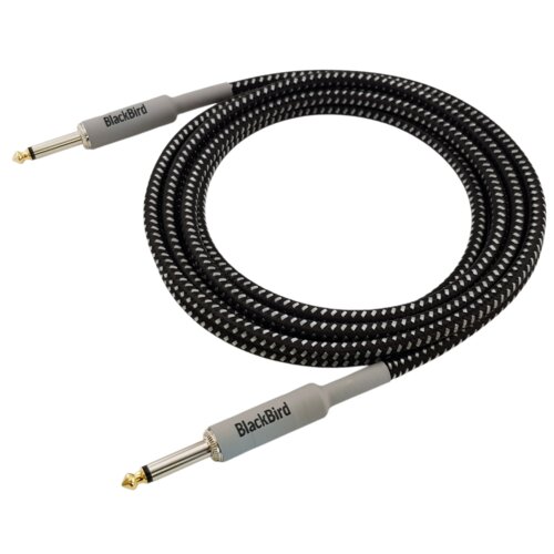 Czarny kabel o długości 3 metrów z plecionym wzorem, zakończony dwoma wtykami Jack 6.3 mm, z napisem "BlackBird" na szarych osłonach wtyków.