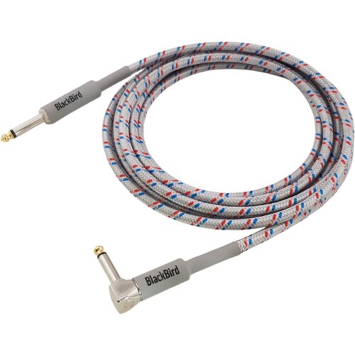 Na zdjęciu znajduje się kabel o długości 6 metrów z wtykami Jack 6.3 mm, opleciony materiałem w szarym kolorze z czerwonymi i niebieskimi akcentami. Na wtykach widoczne jest logo "BlackBird".