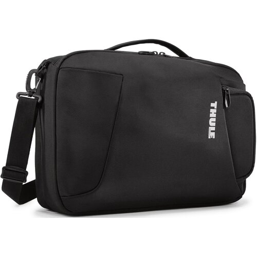 Czarny plecak na laptopa z widocznym białym logo "THULE" na przedniej kieszeni, posiada regulowany pasek na ramię i uchwyt do przenoszenia. Produkt ma prosty, elegancki design z zamkiem błyskawicznym na górze.
