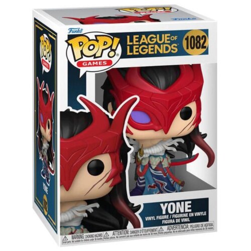 Pudełko z figurką winylową przedstawiającą postać z gry "League of Legends" o nazwie Yone, z serii Funko Pop! Games, numer 1082. Na opakowaniu widnieje napis: "YONE VINYL FIGURE / FIGURINE EN VINYLE / FIGURA DE VINIL" oraz ostrzeżenie o ryzyku zadławienia w kilku językach.