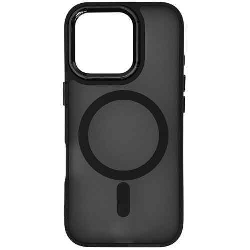 Czarne etui na telefon z wycięciem na aparat i okrągłym wzorem na środku, przeznaczone do modelu iPhone 16 Pro Max. Produkt ma gładką powierzchnię i jest częścią kolekcji Magnetic Collection MagSafe.