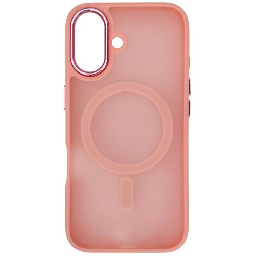 Różowe etui na telefon z okrągłym wzorem na środku, przeznaczone do modelu Apple iPhone 16, z wycięciami na aparat i przyciski. Produkt jest częścią kolekcji Magnetic Collection MagSafe marki HURTEL.