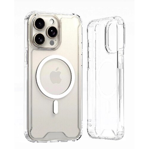 Przezroczyste etui na telefon z widocznym okrągłym wzorem MagSafe i wycięciami na aparat oraz przyciski. Na telefonie w etui widoczne jest logo w kształcie nadgryzionego jabłka.
