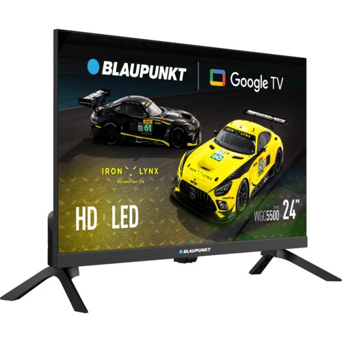 Telewizor BLAUPUNKT 24WGC5500S 24" LED Google TV z wyświetlonym obrazem dwóch samochodów wyścigowych na torze, z logo BLAUPUNKT i Google TV w górnej części ekranu. Na ekranie widoczne są napisy: "IRON LYNX Motorsport Lab", "HD | LED", "Series WGC5500 24""
