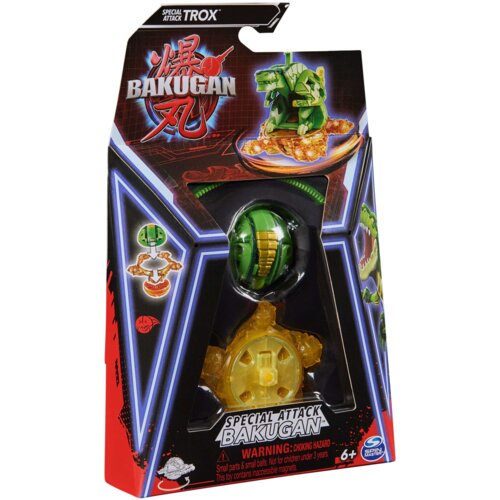 Opakowanie zawiera figurkę "SPIN MASTER Bakugan Special Attack Trox 6066715" w kolorach zielonym i żółtym, z widocznym logo Bakugan oraz ostrzeżeniem: "WARNING: CHOKING HAZARD - Small parts & small balls. Not for children under 3 years. This toy contains 