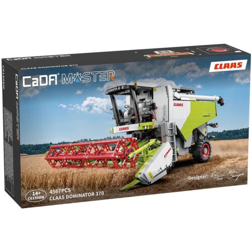 Pudełko z klockami plastikowymi przedstawia model kombajnu Claas Dominator 370 na tle pola zbożowego, z widocznymi napisami: "CaDA Master", "4567PCS", "CLAAS DOMINATOR 370", oraz "Designer: Eric Trak, Michał Skorupka". Logo "CLAAS" jest umieszczone w kilk