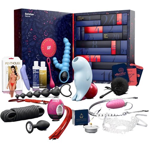 Pudełko "Satisfyer Deluxe" z napisem "24 Days of Satisfaction" zawiera różnorodne akcesoria, w tym olejki do masażu, gadżety erotyczne oraz świecę do masażu. Na opakowaniu kalendarza adwentowego widnieją napisy "Your Pleasure Awaits" i "Full of Love".