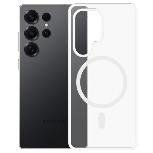 Na zdjęciu widoczny jest czarny smartfon z czterema obiektywami aparatu oraz przezroczyste etui z białymi krawędziami i okrągłym wzorem. Na telefonie znajduje się napis "Samsung".
