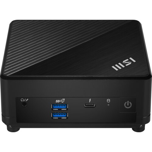 Czarny komputer o kompaktowej obudowie z widocznym logo "MSI" na górnej powierzchni, posiadający dwa porty USB oznaczone jako "SS 10", port USB-C z symbolem błyskawicy, gniazdo audio oraz przycisk zasilania. Obudowa ma teksturowaną powierzchnię z ukośnymi liniami.