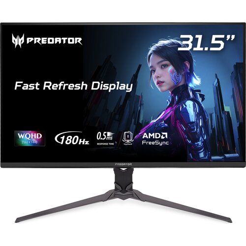 Monitor o przekątnej 31,5 cala z napisem "Fast Refresh Display" oraz specyfikacją techniczną: WQHD 2560x1440, 180 Hz, 0,5 ms, AMD FreeSync. Na ekranie widoczna jest postać w futurystycznym stroju na tle miasta, a w górnym rogu znajduje się logo "Predator"