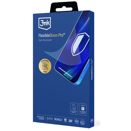 Niebieskie opakowanie produktu z logo "3mk" w lewym górnym rogu oraz napisem "FlexibleGlass Pro™ Feel the power". Na opakowaniu znajduje się grafika telefonu z nałożonym szkłem ochronnym, a także ikony i napisy: "Unbreakable Glass", "Impact up to 8H", "Te