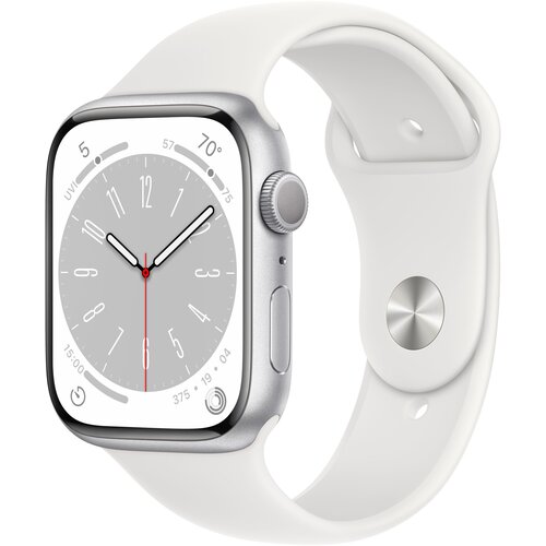 Srebrny smartwatch z aluminiową kopertą i białym sportowym paskiem, wyświetlający tarczę zegarka z białymi wskazówkami i czerwonym sekundnikiem na szarym tle. Na tarczy widoczne są cyfry oraz wskaźniki temperatury i promieniowania UV.