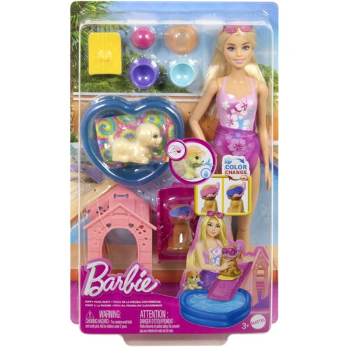 Opakowanie zawiera lalkę w stroju kąpielowym, zestaw akcesoriów basenowych, figurkę psa oraz elementy do zabawy w wodzie. Na opakowaniu widnieje logo "Barbie" oraz napis "Color Change", a także ostrzeżenie o ryzyku zadławienia w języku angielskim, francus