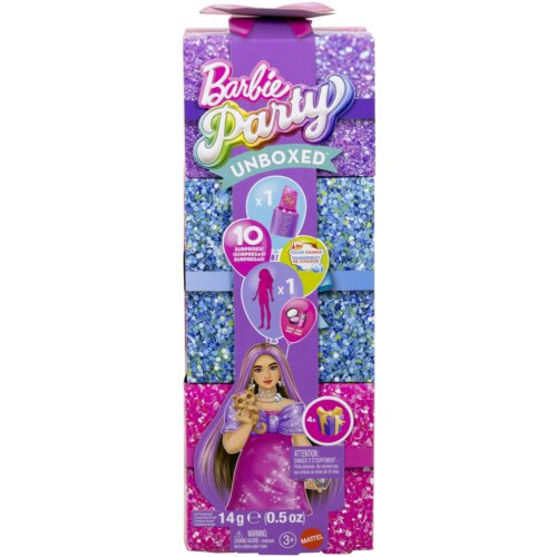 Opakowanie produktu "Barbie Party Unboxed" z kolorowym, brokatowym tłem i grafiką przedstawiającą lalkę z długimi, fioletowymi włosami, trzymającą małego psa. Na opakowaniu widnieją napisy: "10 Surprises!", "Color Change", "14g (0.5 oz)", "ATTENTION: CHOK