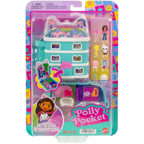 Opakowanie zawiera zestaw "Lalka POLLY POCKET Koci Domek Gabi Zestaw kompaktowy JFV02" z miniaturowym domkiem w kształcie kota oraz kilkoma akcesoriami i figurkami. Na opakowaniu widoczne są napisy: "Polly Pocket", "Gabby's Dollhouse", "Netflix" oraz logo