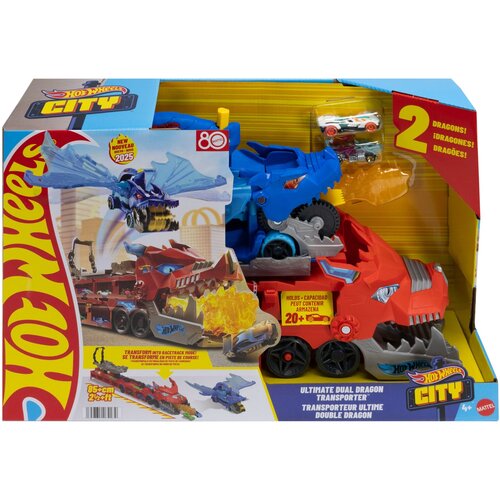 Pudełko z zestawem pojazdów Hot Wheels City Transporter podwójny smok JBM72, zawiera kolorowe ilustracje dwóch smoków i pojazdów, z tekstami: "2 Dragons!", "Holds 20+", "Ultimate Dual Dragon Transporter", oraz logo Hot Wheels City. W prawym górnym rogu wi
