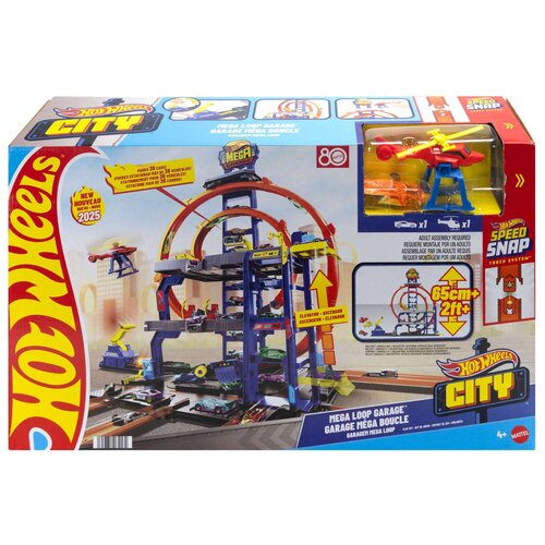Opakowanie zabawki "Tor Hot Wheels Mega Garaż Gigapętla + auto JBM74" przedstawia kolorowy garaż z pętlą i samochodzikami, z widocznymi napisami: "Hot Wheels City", "Mega Loop Garage", "65cm/2ft+", oraz "Adult assembly required". W prawym górnym rogu znaj