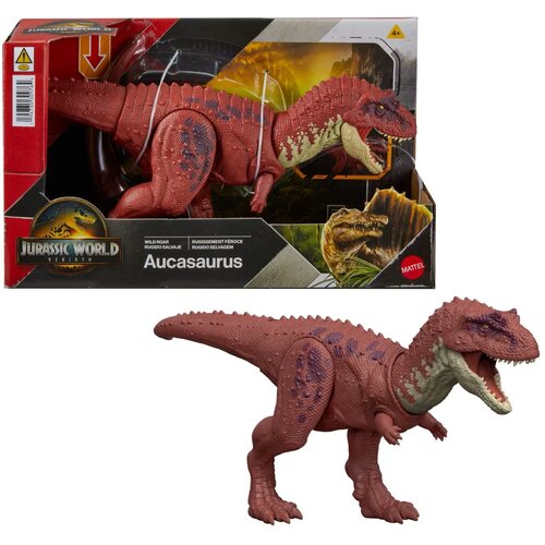 Pudełko z figurką dinozaura Aucasaurus z serii Jurassic World, z widocznym logo Jurassic World i Mattel, oraz napisami "Wild Roar" i "Aucasaurus". Figurka przedstawia czerwono-brązowego dinozaura z otwartą paszczą, umieszczoną przed opakowaniem.