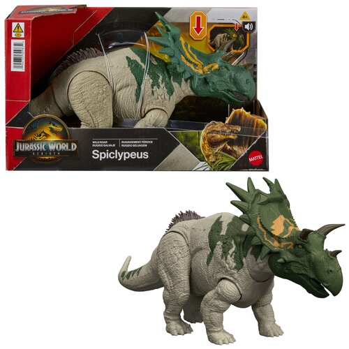 Pudełko z figurką dinozaura Spiclypeus z serii Jurassic World, z widocznym logo Jurassic World i napisem "Spiclypeus" oraz "Mattel". Figurka ma zielono-szare ubarwienie z pomarańczowymi akcentami na głowie.