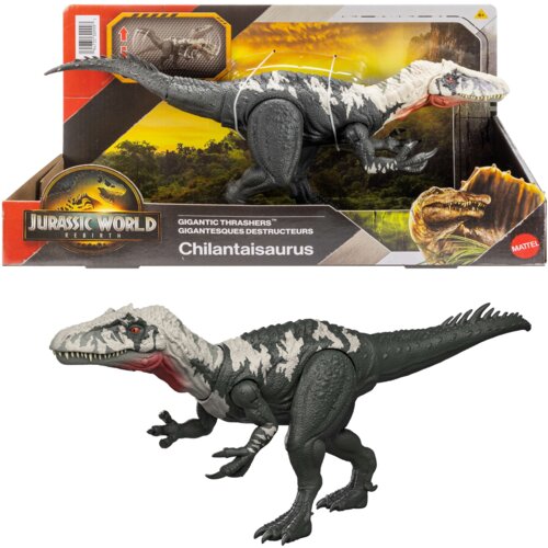 Na zdjęciu znajduje się figurka dinozaura o nazwie "Chilantaisaurus" z serii "Jurassic World Rebirth", umieszczona w opakowaniu z grafiką przedstawiającą dinozaura na tle lasu. Na opakowaniu widnieje logo "Jurassic World" oraz napis "Gigantic Thrashers" i