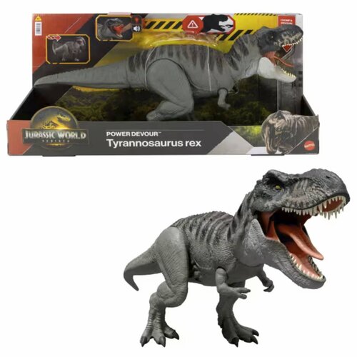 Na zdjęciu znajduje się szara figurka dinozaura T-Rex z otwartą paszczą, umieszczona w opakowaniu z logo "Jurassic World" oraz napisem "Power Devour Tyrannosaurus rex". Opakowanie zawiera również grafikę przedstawiającą dinozaura oraz logo producenta.