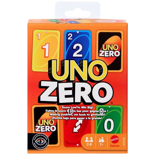 Pomarańczowe opakowanie gry karcianej "UNO Zero" z widocznymi kartami w kolorach żółtym, niebieskim, czarnym, czerwonym i zielonym, z dużym napisem "UNO ZERO" na środku. Na dole opakowania znajdują się napisy: "Score Low to Win Big!", "2-8", "7+" oraz log