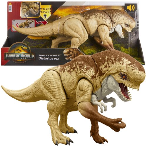 Figurka dinozaura w kolorach beżowym i brązowym z otwartą paszczą, umieszczona na tle opakowania z napisem "Jurassic World Rumble 'n Rampage Distortus rex". Na opakowaniu widoczny jest również napis "TRY ME! ESSAIE!" oraz ikona głośnika.