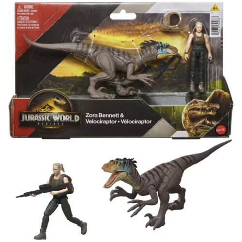Opakowanie zawiera dwie figurki: postać kobiety oraz welociraptora, z logo "Jurassic World" i napisem "Zora Bennett & Velociraptor" na froncie. W prawym dolnym rogu znajduje się logo producenta Mattel.