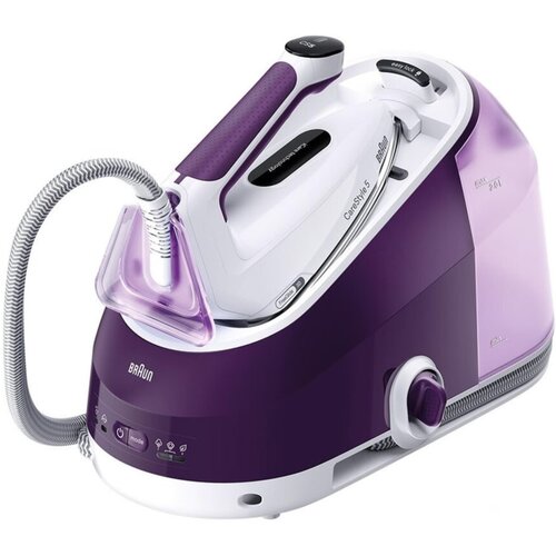 Fioletowy generator pary z białymi i czarnymi elementami, z widocznym logo "BRAUN" oraz napisami "CareStyle 5" i "IS5247VI". Na urządzeniu znajdują się przyciski i pokrętła, a także wąż parowy z przezroczystą osłoną.