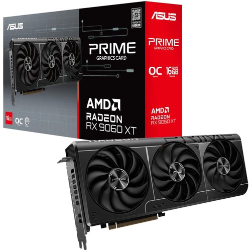 Pudełko karty graficznej z napisem "ASUS PRIME GRAPHICS CARD" oraz "AMD RADEON RX 9060 XT" w kolorach czarnym, białym i czerwonym. Obok znajduje się sama karta graficzna z trzema dużymi wentylatorami i logo "PRIME" na środku.