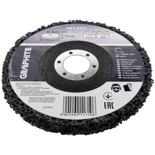 Tarcza do szlifowania GRAPHITE 58T450 o średnicy 125 mm z widocznym logo "GRAPHITE" oraz kodem kreskowym 5902062117106. Na etykiecie znajdują się piktogramy dotyczące bezpieczeństwa, oznaczenia techniczne oraz tekst w kilku językach, w tym "Włóknina ścier