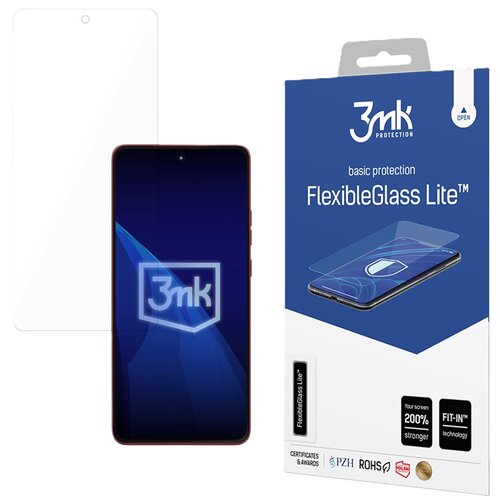 Na zdjęciu znajduje się opakowanie produktu "3mk Protection FlexibleGlass Lite™" oraz przezroczyste szkło ochronne. Na opakowaniu widnieje napis "basic protection FlexibleGlass Lite™", a poniżej znajdują się certyfikaty i oznaczenia, takie jak PZH, ROHS o