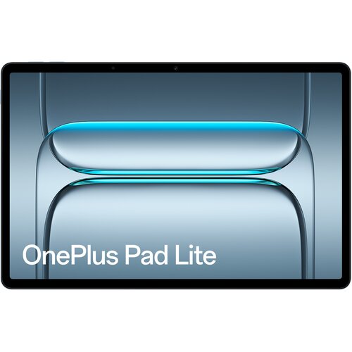 Tablet z wyświetlaczem prezentującym abstrakcyjny, niebieski wzór. Na ekranie widoczny jest napis "OnePlus Pad Lite".