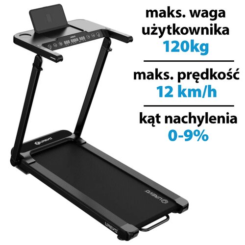 Na zdjęciu znajduje się czarna bieżnia elektryczna z panelem sterującym, na którym widoczne są przyciski i uchwyt na tablet. Obok bieżni widnieje tekst: "maks. waga użytkownika 120kg, maks. prędkość 12 km/h, kąt nachylenia 0-9%".