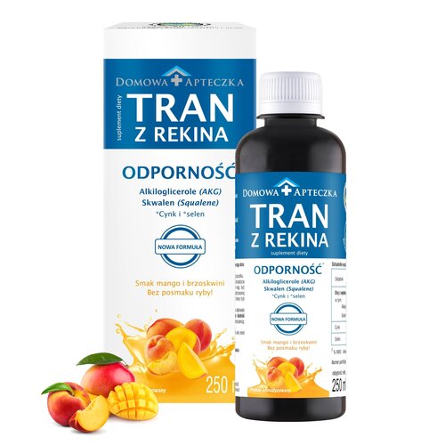 Kompleks witamin i minerałów DOMOWA APTECZKA Tran z rekina Mango-brzoskwinia (250 ml)