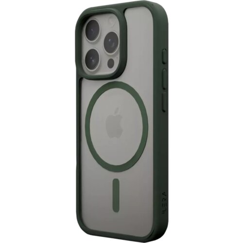 Zielone etui na telefon z przezroczystym tyłem, na którym widoczny jest okrągły wzór i logo w kształcie jabłka. Na boku etui znajduje się napis "ILERA".