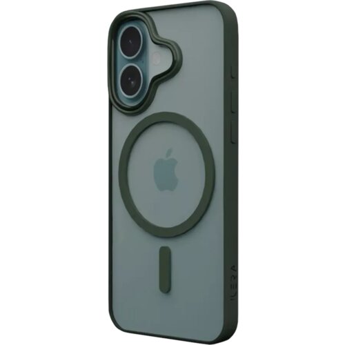 Przezroczyste etui w zielonym kolorze z okrągłym wzorem na środku i wycięciem na aparat, na boku widoczny jest napis "ILERA". W tle znajduje się logo w kształcie nadgryzionego jabłka.