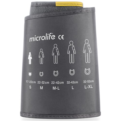 Na zdjęciu widoczny jest mankiet do ciśnieniomierza z nadrukowanym logo "microlife CE". Poniżej znajdują się ilustracje przedstawiające różne rozmiary mankietów: S (17-22 cm), M (22-32 cm), M-L (22-42 cm), L (32-42 cm) oraz L-XL (32-52 cm).