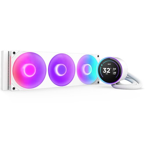 Na zdjęciu znajduje się biały system chłodzenia wodnego z trzema wentylatorami RGB, które świecą w różnych kolorach. Obok widoczny jest okrągły wyświetlacz z napisem "NZXT" oraz wartościami "32°C GPU", "34°C" i "29°C".