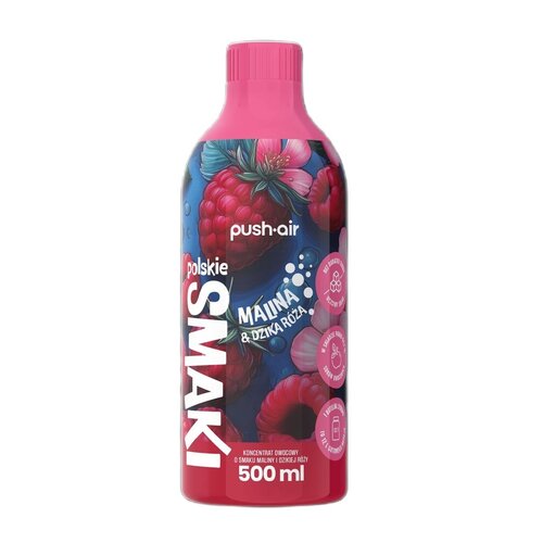 Butelka syropu do saturatorów o pojemności 500 ml z etykietą w kolorze różowym, ozdobioną grafiką malin i dzikiej róży. Na etykiecie widnieją napisy: "push-air", "polskie SMAKI", "MALINA & DZIKA RÓŻA", "KONCENTRAT OWOCOWY O SMAKU MALINY I DZIKIEJ RÓŻY", o