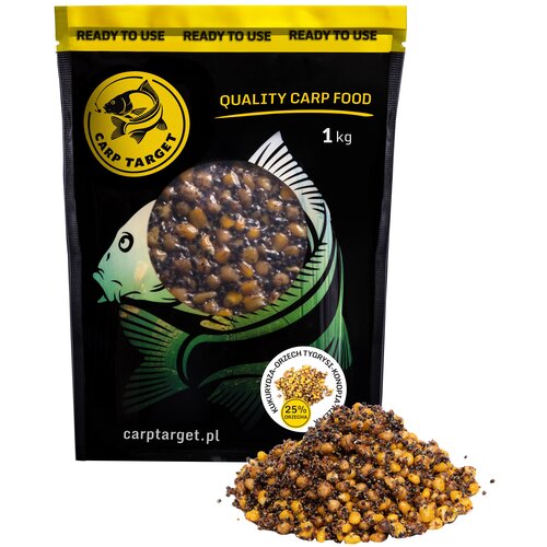 Opakowanie zanęty "CARP TARGET Mix ziaren Orzech Tygrysi Konopia Rzepik" o wadze 1 kg, z widocznym okrągłym okienkiem prezentującym zawartość. Na opakowaniu znajdują się napisy: "READY TO USE", "QUALITY CARP FOOD", "carptarget.pl" oraz "25% ORZECHA".