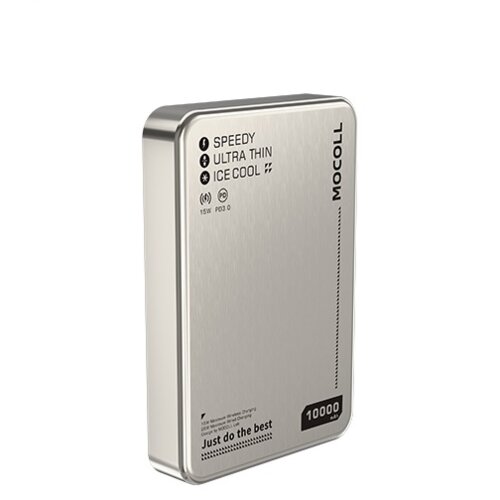 Na zdjęciu znajduje się złoty powerbank z napisem "MOCOLL" oraz oznaczeniami: "SPEEDY", "ULTRA THIN", "ICE COOL", "15W PD 3.0", "Just do the best", a także "10000". Produkt ma gładką, metaliczną powierzchnię i zaokrąglone krawędzie.